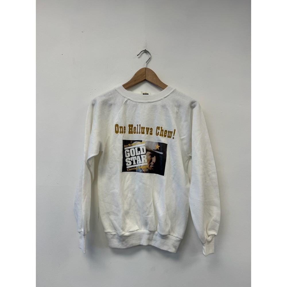 Vintage Gold Star Sweatshirt Mens XS White One Helluva Chew Get It 80s‎ Tobacco